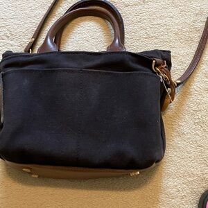 Classic Black Canvas Crossbody Tote with Brown Leather Trim